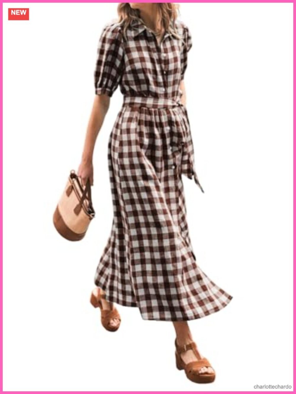 Cotton Blend Plaid Puff Short Sleeve Button Down Long Shirt Dress with Belt